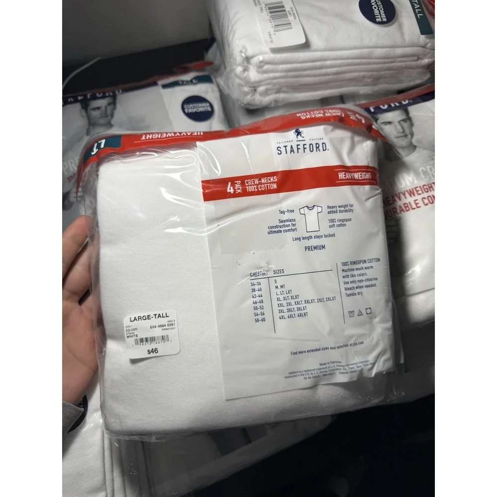 Stafford Premium Crews Heavyweight Cotton Tagless Undershirt White L Tall 4-Pack - Picture 2 of 2